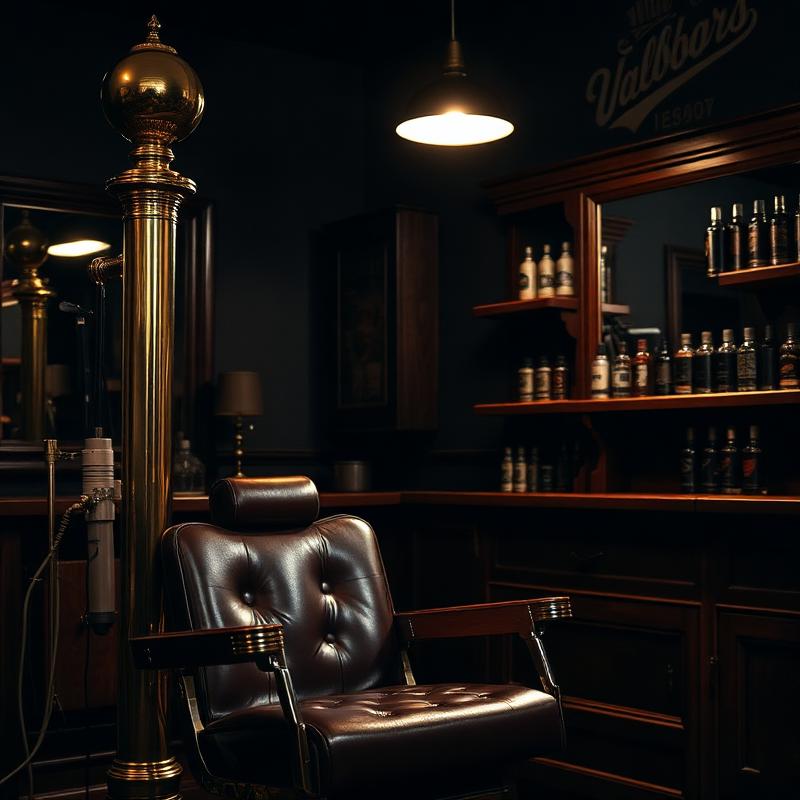 Mørkt barbershop-interiør med læderstol